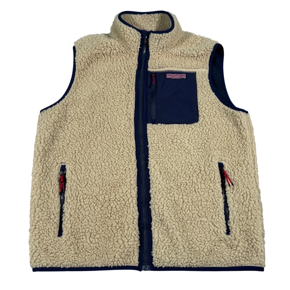 Vineyard Vines Sherpa Fleece Vest Mens L Tan Navy Full Zip Mock Neck Preppy Gorp